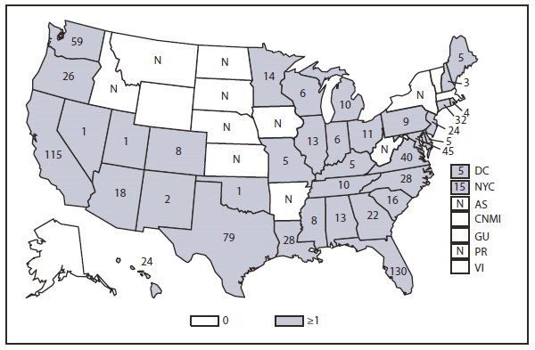 VIBRIOSIS - This figure is a map of the United States and U.S. territories that presents the number of cases of virbriosis in each state and territory in 2010.